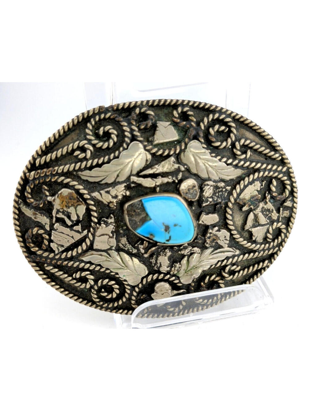 Alpaca Mexico Ornate 4" x 3" Belt Buckle - Broken Turquoise-Like Stone *READ*